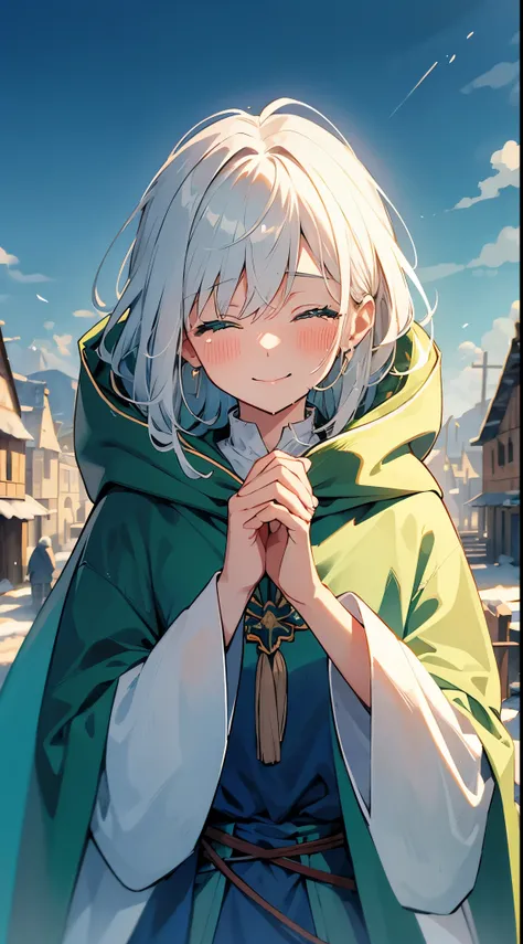 [[[ ultra-detailed, best quality, soft skin, beautiful, 4K]]], portrait, green viridian eyes, tears falling down, closed eyes, white hair with shades of blue, traveling cloak, medieval village background, traveling cloak, abandoned village background, smil...