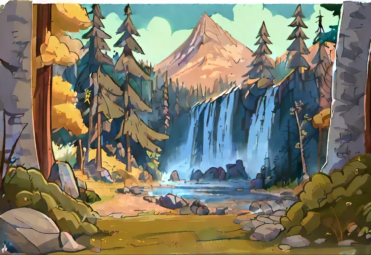 illustration of a natural landscape, Estilo Gravity Falls, cachoeira: Uma cachoeira fluida graciosamente de um penhasco rochoso, criando um lago azul cristalino abaixo. The water sparkles in the sunlight and reflects the colors of the sky and trees. The wa...