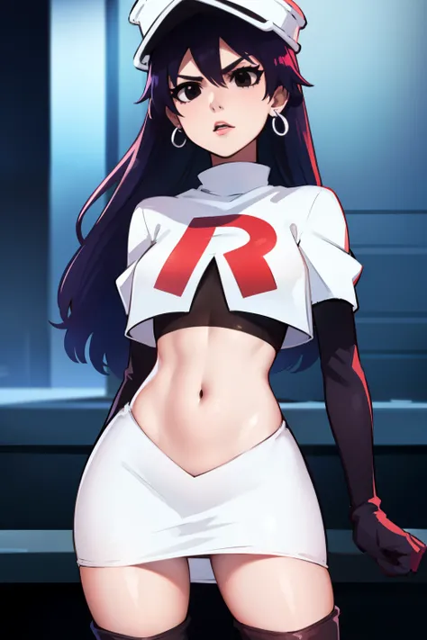 bambietta basterbine, hat, long hair, black hair, (black eyes:1.5), ,glossy lips, light makeup, eye shadow, earrings ,team rocket,team rocket uniform, red letter R, white skirt,white crop top,black thigh-high boots, black elbow gloves,