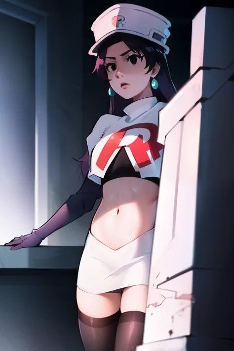 bambietta basterbine, hat, long hair, black hair, (black eyes:1.5), ,glossy lips, light makeup, eye shadow, earrings ,team rocket,team rocket uniform, red letter R, white skirt,white crop top,black thigh-high boots, black elbow gloves,