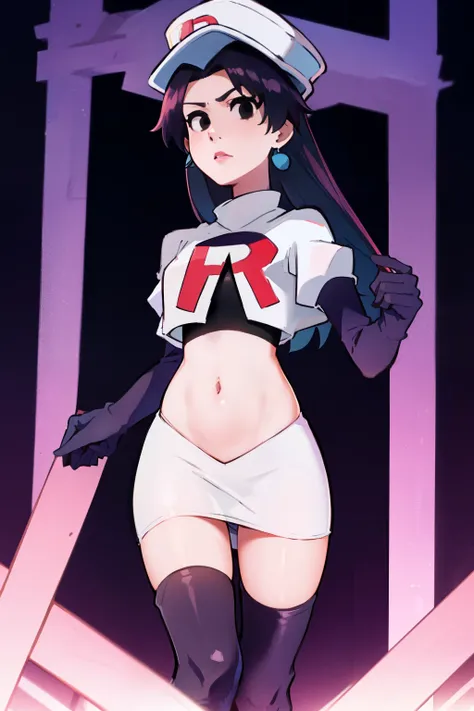 bambietta basterbine, hat, long hair, black hair, (black eyes:1.5), ,glossy lips, light makeup, eye shadow, earrings ,team rocket,team rocket uniform, red letter R, white skirt,white crop top,black thigh-high boots, black elbow gloves,