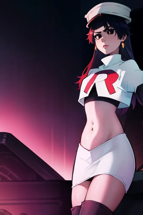 bambietta basterbine, hat, long hair, black hair, (black eyes:1.5), ,glossy lips, light makeup, eye shadow, earrings ,team rocket,team rocket uniform, red letter R, white skirt,white crop top,black thigh-high boots, black elbow gloves,