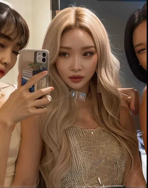 three women taking a selfie in the mirror with a cell phone, roseanne park of rosa preto, her hair is white, jossi of rosa preto, rosa preto jennie, lalisa manoban of rosa preto, Cl, Lalisa Manobal, rosa preto, portrait of jossi of rosa preto, Fotografia s...