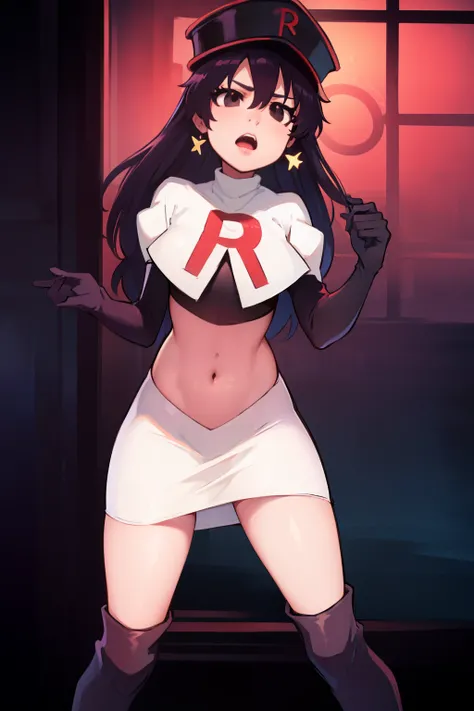 bambietta basterbine, hat, long hair, black hair, (black eyes:1.5), ,glossy lips, light makeup, eye shadow, earrings ,team rocket,team rocket uniform, red letter R, white skirt,white crop top,black thigh-high boots, black elbow gloves,