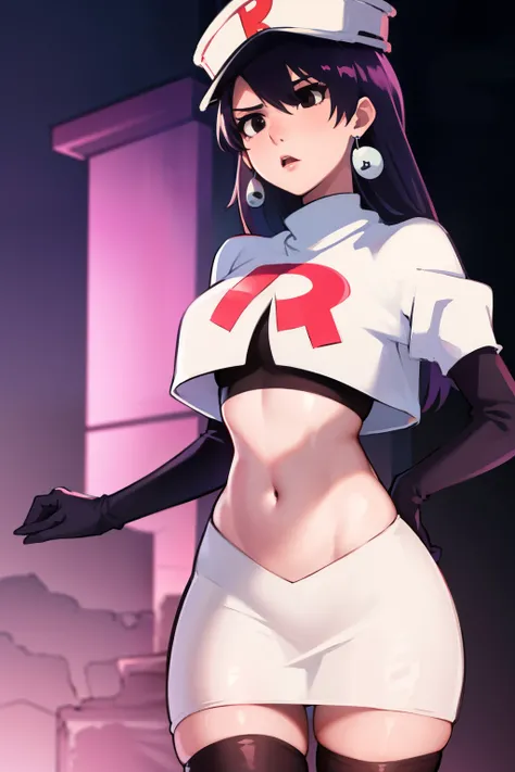bambietta basterbine, hat, long hair, black hair, (black eyes:1.5), ,glossy lips, light makeup, eye shadow, earrings ,team rocket,team rocket uniform, red letter R, white skirt,white crop top,black thigh-high boots, black elbow gloves,