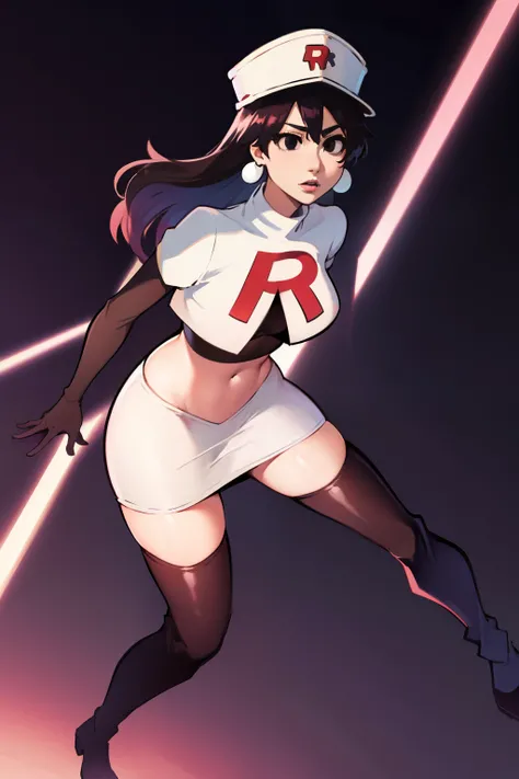 bambietta basterbine, hat, long hair, black hair, (black eyes:1.5), ,glossy lips, light makeup, eye shadow, earrings ,team rocket,team rocket uniform, red letter R, white skirt,white crop top,black thigh-high boots, black elbow gloves,