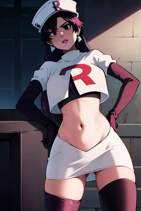 bambietta basterbine, hat, long hair, black hair, (black eyes:1.5), ,glossy lips, light makeup, eye shadow, earrings ,team rocket,team rocket uniform, red letter R, white skirt,white crop top,black thigh-high boots, black elbow gloves,