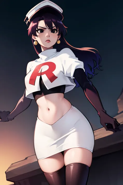 bambietta basterbine, hat, long hair, black hair, (black eyes:1.5), ,glossy lips, light makeup, eye shadow, earrings ,team rocket,team rocket uniform, red letter R, white skirt,white crop top,black thigh-high boots, black elbow gloves,