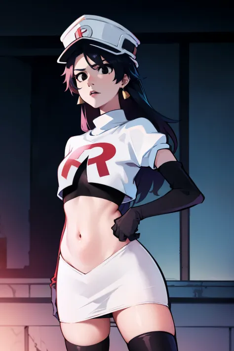 bambietta basterbine, hat, long hair, black hair, (black eyes:1.5), ,glossy lips, light makeup, eye shadow, earrings ,team rocket,team rocket uniform, red letter R, white skirt,white crop top,black thigh-high boots, black elbow gloves,