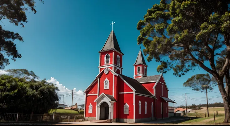 a distant image 400 meters outside a church painted all red in Gothic style, em uma campo verde cercada de capim baixo, com a luz do sol sobre ela