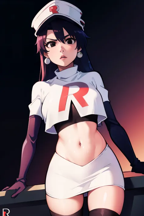 bambietta basterbine, hat, long hair, black hair, (black eyes:1.5), ,glossy lips, light makeup, eye shadow, earrings ,team rocket,team rocket uniform, red letter R, white skirt,white crop top,black thigh-high boots, black elbow gloves,