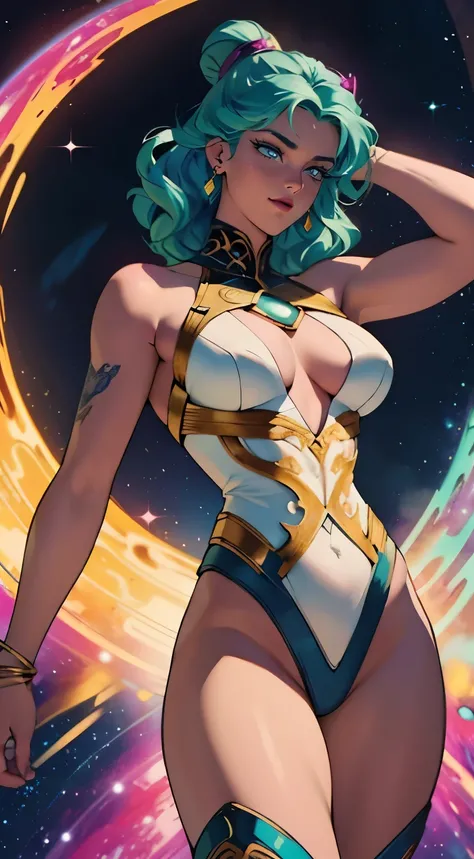 (Realista,colorido) A beautiful and sexy cosmic female entity with multiple galaxies flowing through her body, No estilo da DC Comics. Ela tem olhos radiantes e hipnotizantes, plump, lush lips, and an ethereal face. His body is adorned with intricate celes...