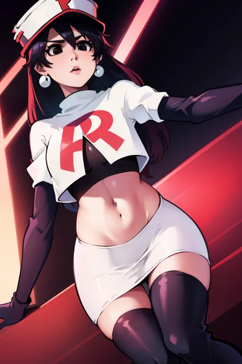 bambietta basterbine, hat, long hair, black hair, (black eyes:1.5), ,glossy lips, light makeup, eye shadow, earrings ,team rocket,team rocket uniform, red letter R, white skirt,white crop top,black thigh-high boots, black elbow gloves,