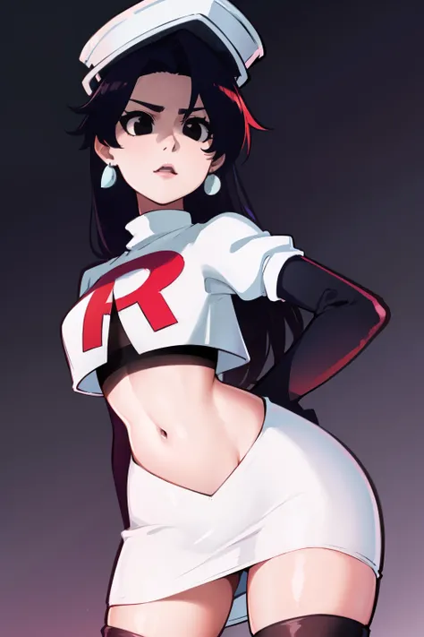 bambietta basterbine, hat, long hair, black hair, (black eyes:1.5), ,glossy lips, light makeup, eye shadow, earrings ,team rocket,team rocket uniform, red letter R, white skirt,white crop top,black thigh-high boots, black elbow gloves,