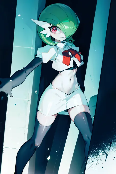 gardevoir,1girl,team rocket,team rocket uniform,white skirt,crop top,black thigh-highs,black elbow gloves,