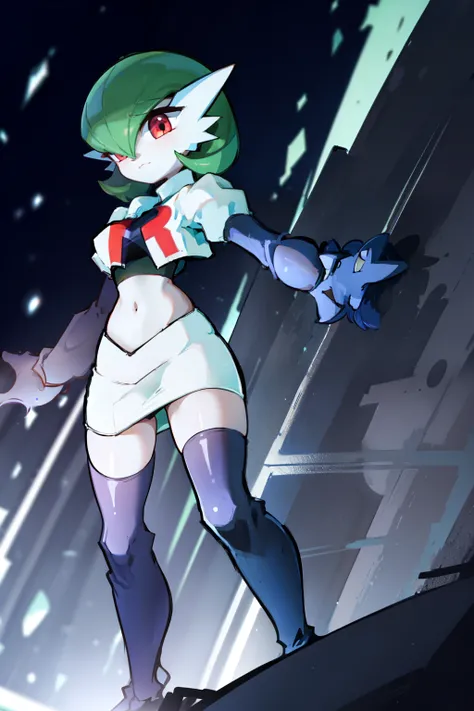 gardevoir,1girl,team rocket,team rocket uniform,white skirt,crop top,black thigh-highs,black elbow gloves,