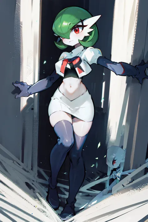 gardevoir,1girl,team rocket,team rocket uniform,white skirt,crop top,black thigh-highs,black elbow gloves,