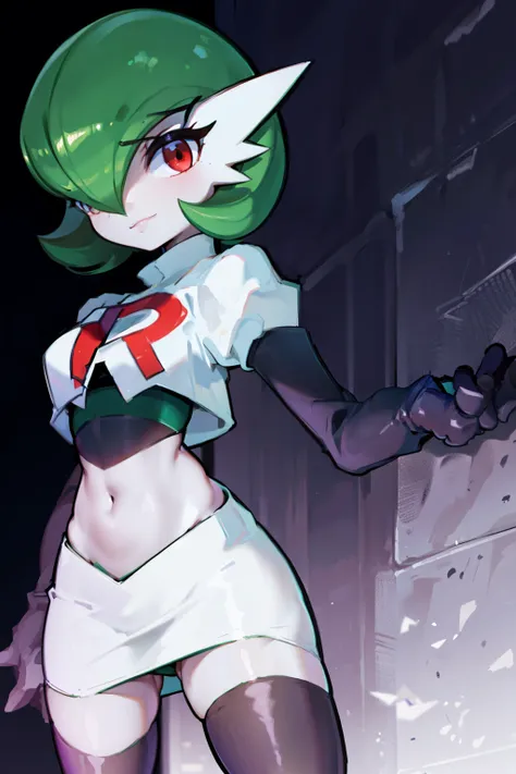 gardevoir,1girl,team rocket,team rocket uniform,white skirt,crop top,black thigh-highs,black elbow gloves,