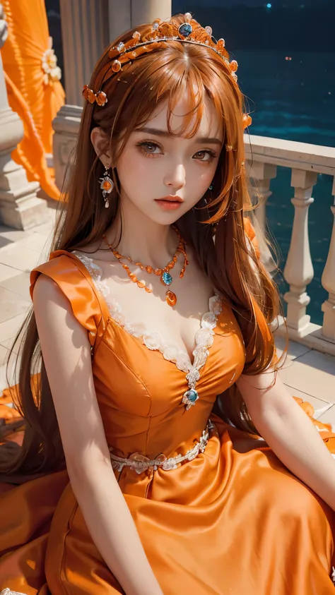 8k, masterpiece, 1 girl, beautiful face, very long hair, hair ornament, light makeup, detailed eyes, small round breast, ultra detailed clothes (orange princess dress:1.5), lace:1.5, ((closed up)), necklace, jewellery, amazing balcony background, sitting,