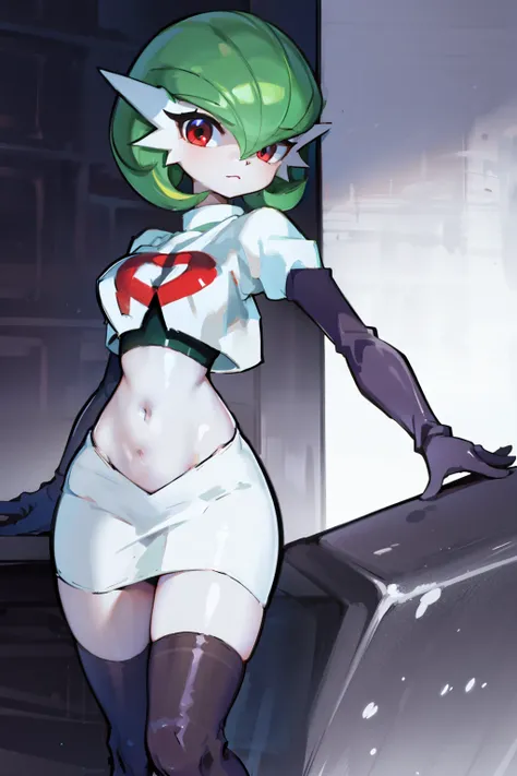 gardevoir,1girl,team rocket,team rocket uniform,white skirt,crop top,black thigh-highs,black elbow gloves,