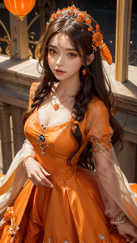 8k, masterpiece, 1 girl, beautiful face, very long hair, hair ornament, light makeup, detailed eyes, small round breast, ultra detailed clothes (orange princess dress:1.5), lace:1.5, ((closed up)), necklace, jewellery, amazing balcony background,