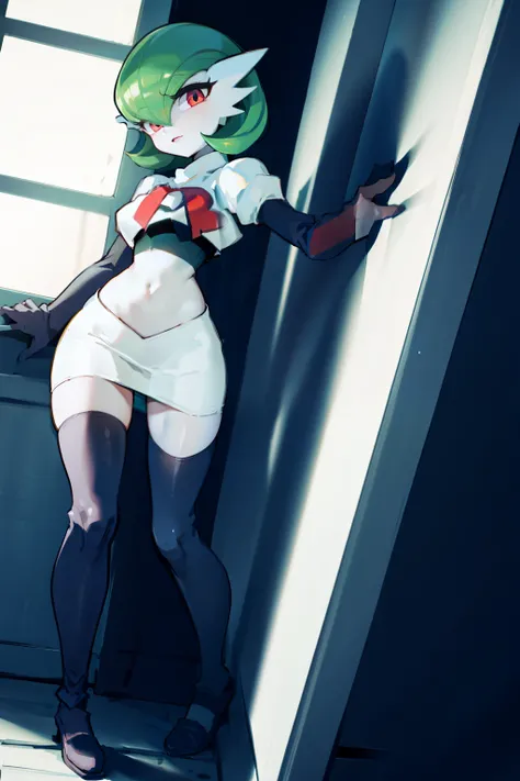 gardevoir,1girl,team rocket,team rocket uniform,white skirt,crop top,black thigh-highs,black elbow gloves,