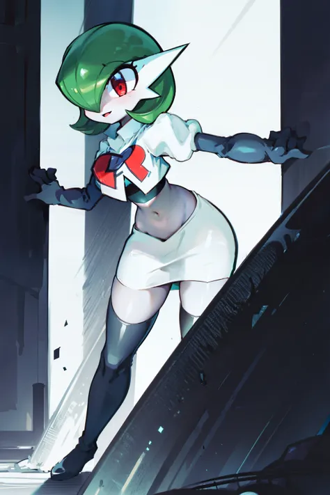 gardevoir,1girl,team rocket,team rocket uniform,white skirt,crop top,black thigh-highs,black elbow gloves,