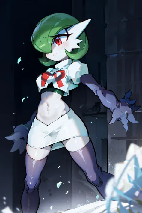 gardevoir,1girl,team rocket,team rocket uniform,white skirt,crop top,black thigh-highs,black elbow gloves,