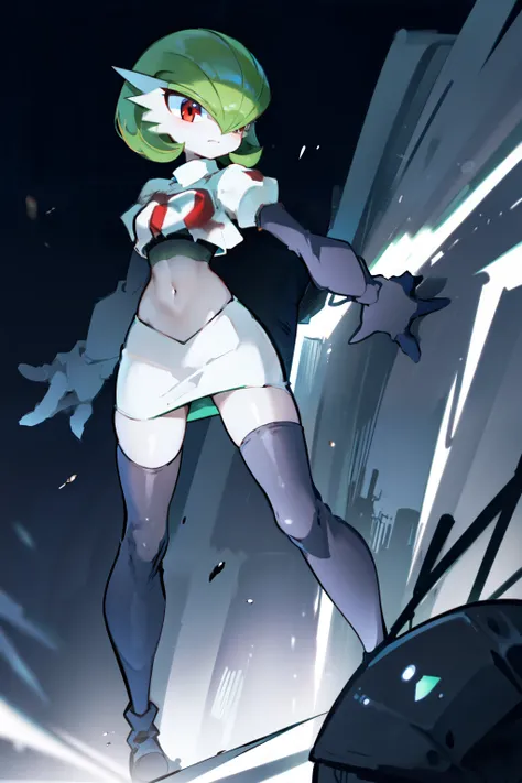 gardevoir,1girl,team rocket,team rocket uniform,white skirt,crop top,black thigh-highs,black elbow gloves,