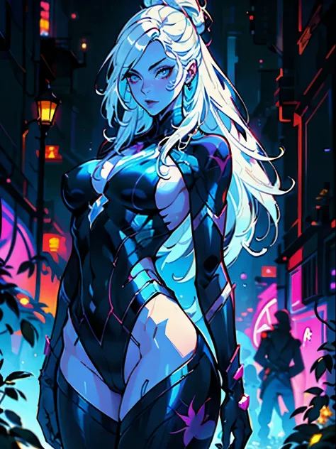 uma pintura digital da spider gwen utilizando, cabelos longos, arte cyberpunk de Josan Gonzalez, vencedora do concurso behance, afrofuturismo, synthwave, neon, neon brilhante,coxas grossas, cintura fina, , nsfw, pouca roupa, arte erotica, anime, roupas  ra...