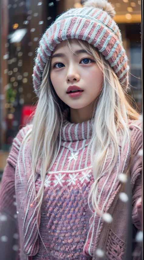 stand in front of the Christmas show window, japanese woman, (knit sweater:1.3), snowing, pupils sparkling, silver long straight hair, depth of field, f/1.8, anatomically correct, textured skin, super detail, high details, high quality, super detail, high ...