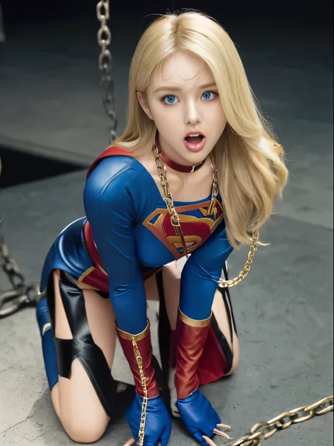 Beautuful Women，supergirl，scared，(Torn costume)，Blonde blue-eyed，(all-fours)，crawling on hands and knees，Kneeling position，Posture with buttocks sticking out，((put out the tongue))，((Drooling))，Kamimei，(Chained collar)， Cuffed，fetters, Photorealsitic，surre...