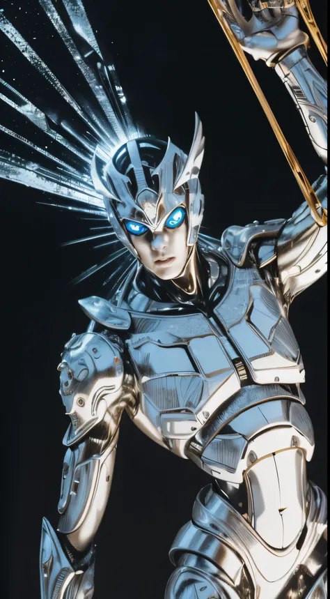 End Of The World above the sky manifests as an intricate metallic humanoid figure with an elegant white body. Its design is adorned with intricate golden patterns that glow softly when activated......... Os olhos do Stand emitem uma luz azul intensa, and i...