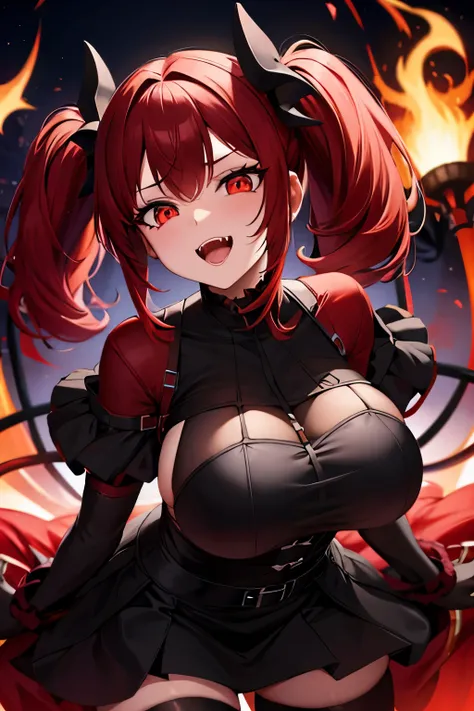 Night, darkness, red hair, twin tails, glowing red eyes, fangs, black costume, big breasts,