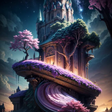 Generate a realistic fantasy landscape with beautiful, ornate romantic buildings, floating islands, crystalline waterfalls streaming from the floating islands, and a dreamy landscape of highly detailed flowers and dreamy watercolors. This is the (((romanti...