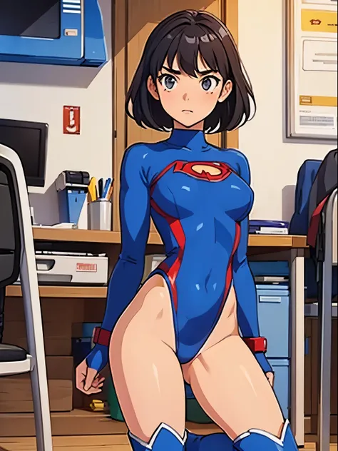 a high school student transforms into a leotard-clad superhero, bare legs, boots