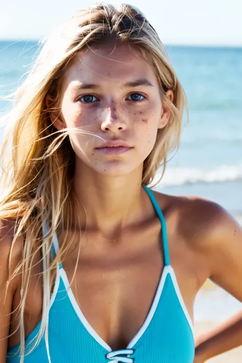 A hyperrealistic photo of a girl who is a surfer, she is 28 years old, she loves the sea and she is from Argentina. He has brown hair but blonde tips., ojos claros, She has freckles and is tanned by the sun..