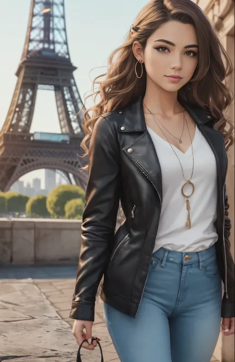 a hyper-realistic photo of ((LunaVentura a young woman about 25 years old)), with a bohemian yet modern style. She has long, wavy, light brown hair and expressive, curious green eyes. The character wears a stylish leather jacket over a basic white shirt, p...