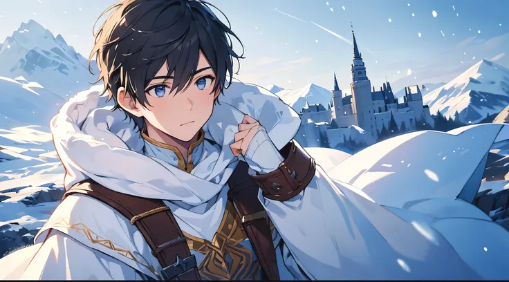 [[[ ultra-detailed, best quality]]] portrait, high definition, male bard, short hair, medium body built, winter bard clothes, winter castle, winter, glacier, winter background, snow