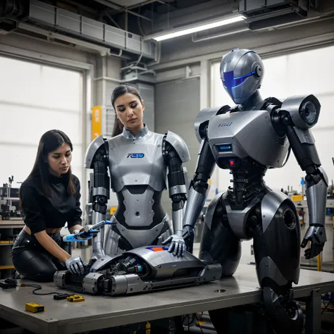 Engineers assembling a prototype robot in a high tech workshop, futuristic sleek design