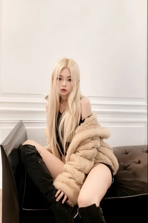 blonde woman sitting on a sofa in a fur coat, Parque Roseanne de Blackpink, portrait of Jossi de Blackpink, Jossi de Blackpink, Cl, Blackpink Jennie, Ava Max, con el pelo largo y blanco, con cabello largo y rubio, con pelo largo blanco, JIA, ji-min, Heonhw...