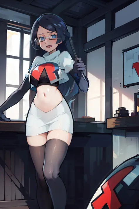 fennel_pk, glasses, team rocket,team rocket uniform, red letter R, white skirt,white crop top,black thigh-highs,black elbow gloves, sinister villianess look,
