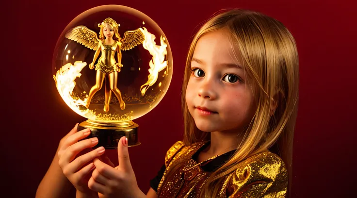 BLONDE KIDS GOLDEN ANGEL GIRL with a flaming crystal ball in her hand. fundo vermelho