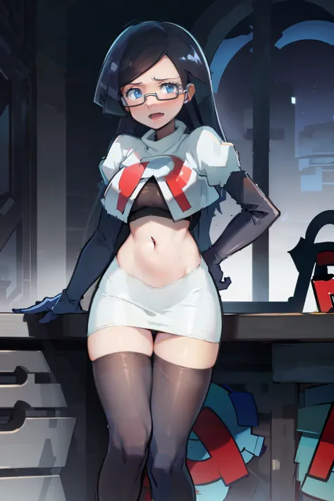 fennel_pk, glasses, team rocket,team rocket uniform, red letter R, white skirt,white crop top,black thigh-highs,black elbow gloves, sinister villianess look,