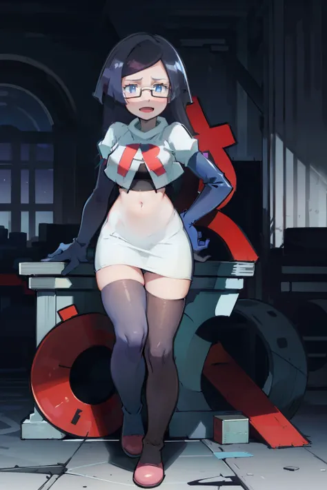 fennel_pk, glasses, team rocket,team rocket uniform, red letter R, white skirt,white crop top,black thigh-highs,black elbow gloves, sinister villianess look,