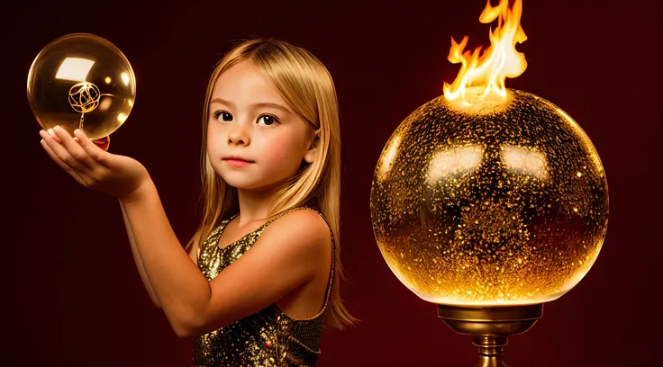 BLONDE KIDS GOLDEN ANGEL GIRL with a flaming crystal ball in her hand. fundo vermelho