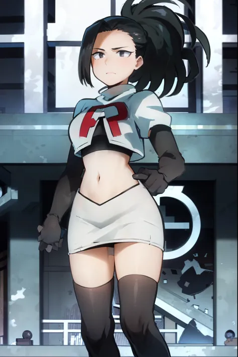 masterpiece, best quality, yaoyorozu momo, 1girl, black eyes, black hair,  ponytail, long hair, hair pulled back,team rocket,team rocket uniform, red letter R, white skirt,white crop top,black thigh-highs,black elbow gloves