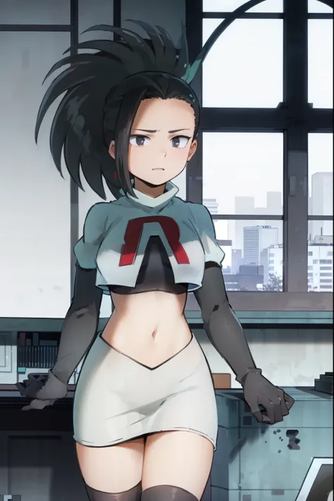 masterpiece, best quality, yaoyorozu momo, 1girl, black eyes, black hair,  ponytail, long hair, hair pulled back,team rocket,team rocket uniform, red letter R, white skirt,white crop top,black thigh-highs,black elbow gloves