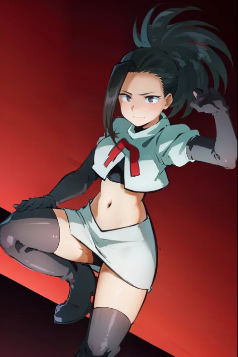 masterpiece, best quality, yaoyorozu momo, 1girl, black eyes, black hair,  ponytail, long hair, hair pulled back,team rocket,team rocket uniform, red letter R, white skirt,white crop top,black thigh-highs,black elbow gloves