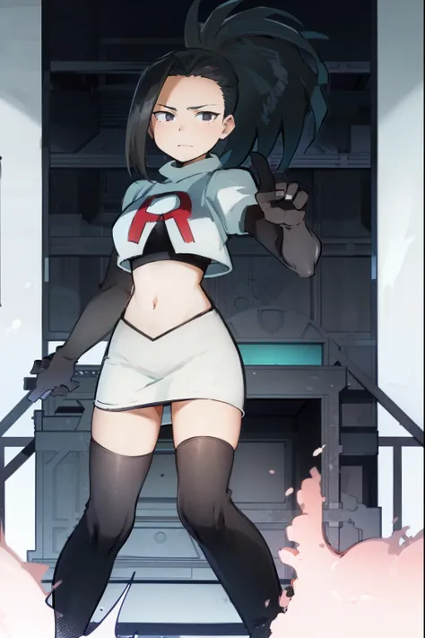 masterpiece, best quality, yaoyorozu momo, 1girl, black eyes, black hair,  ponytail, long hair, hair pulled back,team rocket,team rocket uniform, red letter R, white skirt,white crop top,black thigh-highs,black elbow gloves